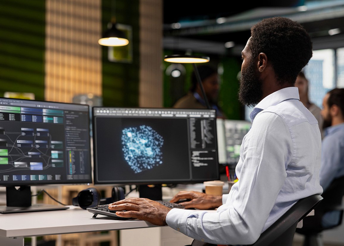 data scientist analyzing ai network visualization and code on a workstation